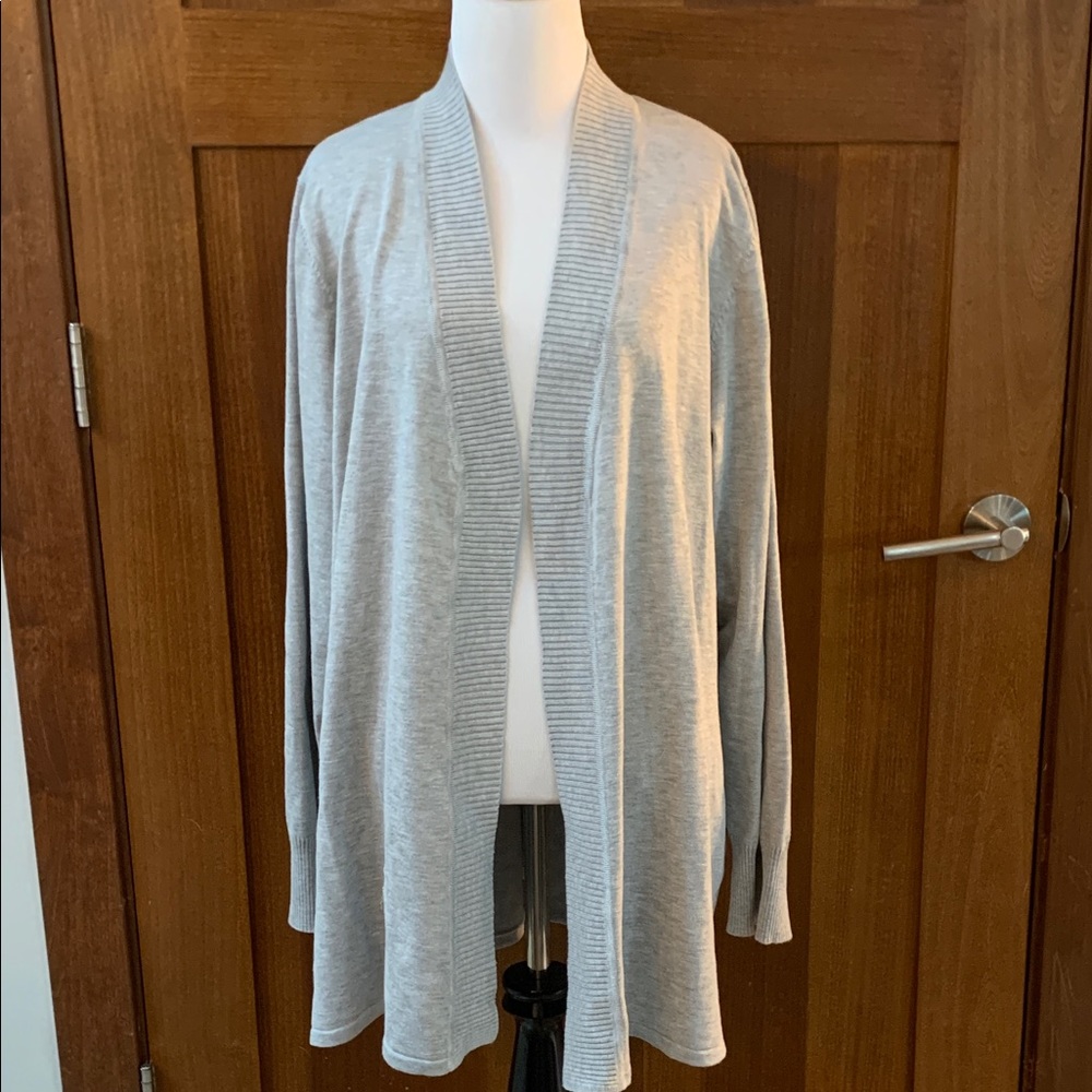 Gray lightweight cardigan sweater.